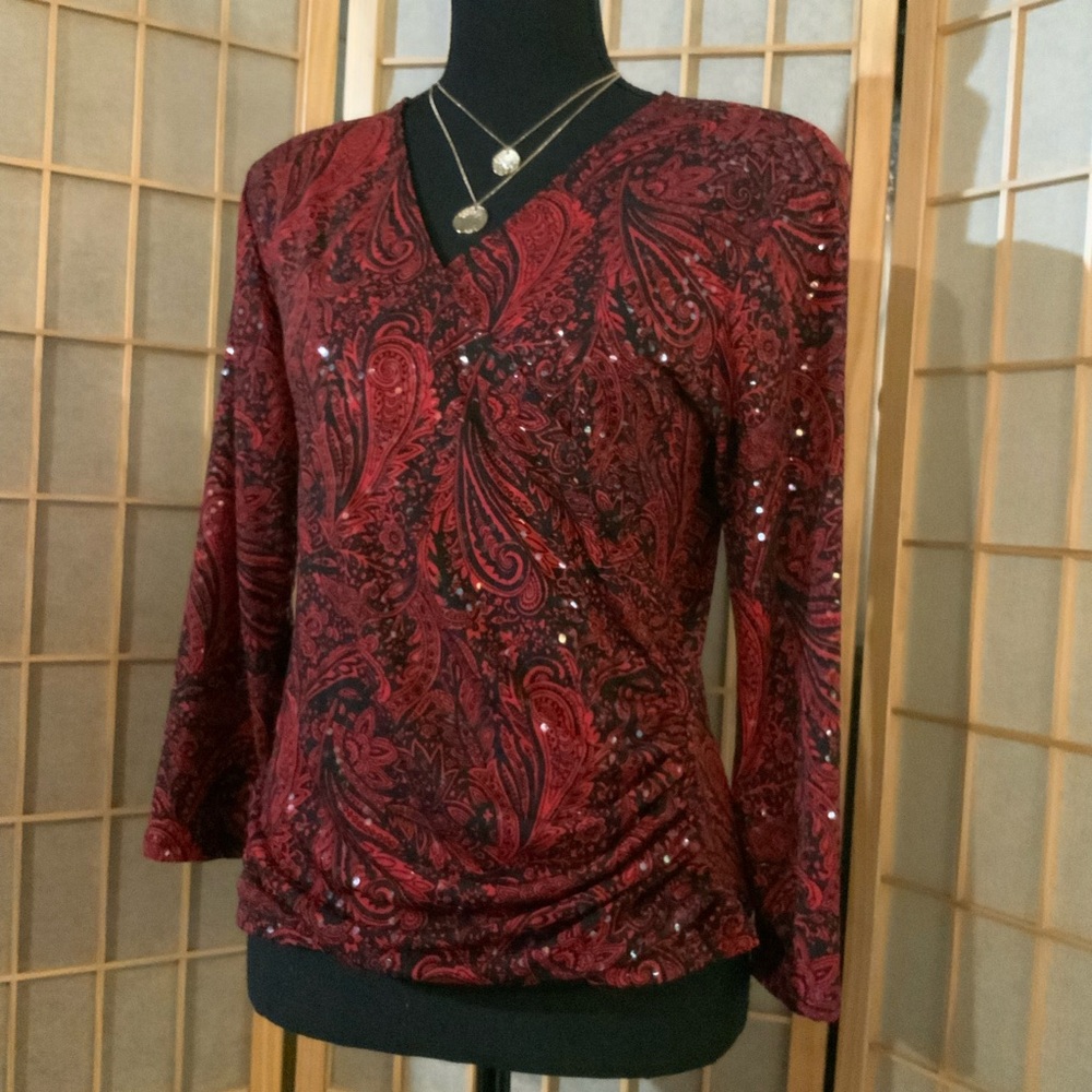 NWT JBS - Black Red Paisley Sequin Top withh side Roughing.